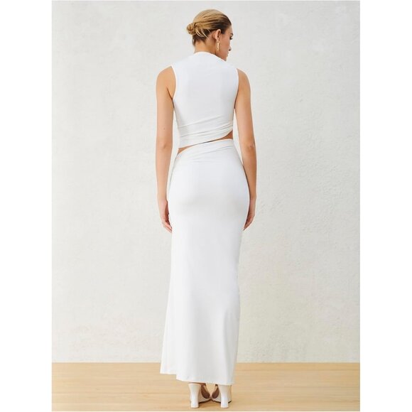 Women's Two Piece Set Cotton Slim Fit Crop Top Maxi Skirt Casual Outfits - Picture 3 of 6